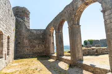 Fototapeta na wymiar Fatih Sultan Mehmet Mosque or Fatih Mosque ruins of Rozafa Castle in the city Shkoder. Albania