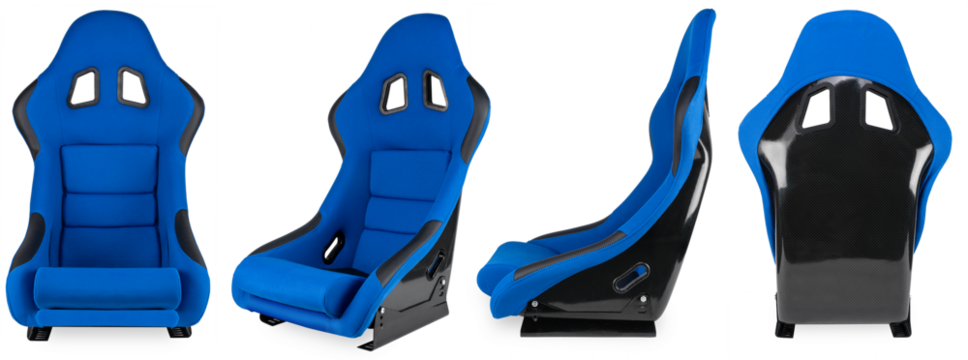 set collection of blue black carbon fiber motorsport race car tuning  sim racing bucket seat isolated white background