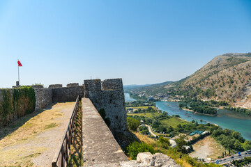 Fototapeta premium Views of the river from the walls of Rozafa Castle and its citadel in the city of Shkoder. Albania