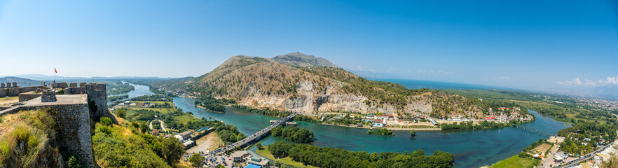 Fototapeta na wymiar Panoramic of the river from the walls of Rozafa Castle and its citadel in the city of Shkoder. Albania