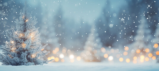 winter blurred background. Xmas tree with snow decorated with garland lights, holiday festive background. Widescreen backdrop