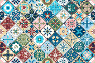 Traditional ornate Portuguese decorative tile color azulejos. Abstract background. Vector hand drawn illustration, typical portuguese tiles, ceramic tiles. Seamless pattern.