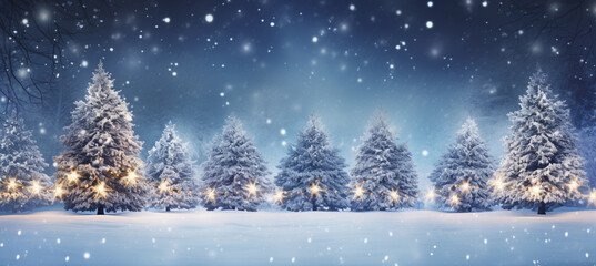 winter blurred background. Xmas tree with snow decorated with garland lights, holiday festive background. Widescreen backdrop