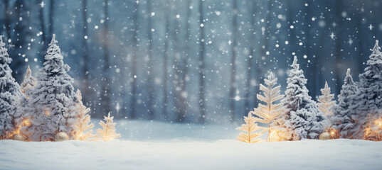 Fototapeta premium winter blurred background. Xmas tree with snow decorated with garland lights, holiday festive background. Widescreen backdrop