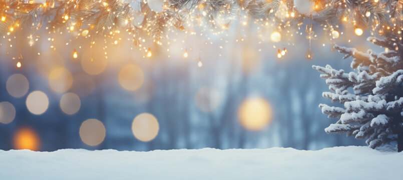 winter blurred background. Xmas tree with snow decorated with garland lights, holiday festive background. Widescreen backdrop
