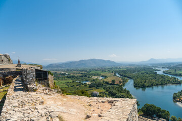 Fototapeta na wymiar View of the river from the Walls of Rozafa Castle and its citadel in the city of Shkoder. Albania