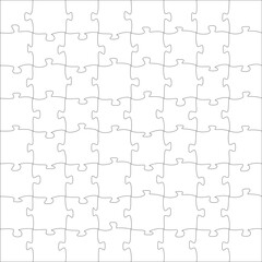 Puzzles grid template 8x8. Jigsaw puzzle pieces, thinking game and jigsaws detail frame design. Business assemble metaphor or puzzles game challenge vector.