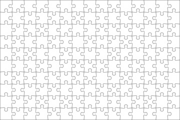 Puzzles grid template 14x10. Jigsaw puzzle pieces, thinking game and jigsaws detail frame design. Business assemble metaphor or puzzles game challenge vector.