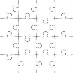 Puzzles grid template 4x4. Jigsaw puzzle pieces, thinking game and jigsaws detail frame design. Business assemble metaphor or puzzles game challenge vector.
