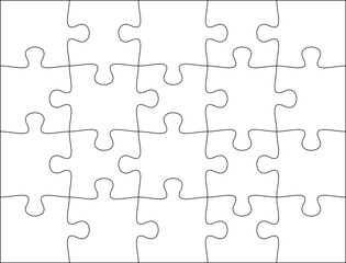 Puzzles grid template 5x4. Jigsaw puzzle pieces, thinking game and jigsaws detail frame design. Business assemble metaphor or puzzles game challenge vector.