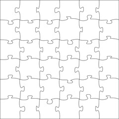 Puzzles grid template 6x6. Jigsaw puzzle pieces, thinking game and jigsaws detail frame design. Business assemble metaphor or puzzles game challenge vector.