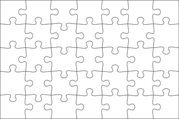 Puzzles grid template 7x5. Jigsaw puzzle pieces, thinking game and jigsaws detail frame design. Business assemble metaphor or puzzles game challenge vector.