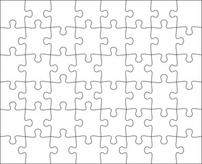 Puzzles grid template 8x6. Jigsaw puzzle pieces, thinking game and jigsaws detail frame design. Business assemble metaphor or puzzles game challenge vector.