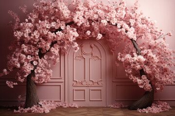 Pink flowers arch over pink door , wedding set up
