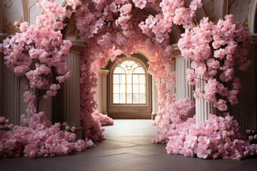 Pink flowers in a palace window - obrazy, fototapety, plakaty