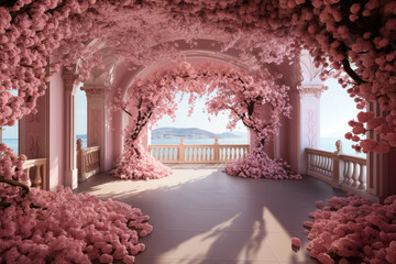 Pink blossoms arch on blue sea background, wedding set up
