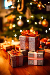 Christmas gifts on a wooden table against the backdrop of a beautiful bokeh of festive lights and a Christmas tree
