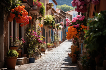 Fototapeta na wymiar Colorfully Flower street in Europe. 
