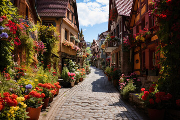 Fototapeta na wymiar Colorfully Flower street in Germany. 