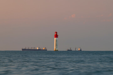 Phare de Chauvea near Ile de Re with ships to La Rochelle, Pays de la Loire, France