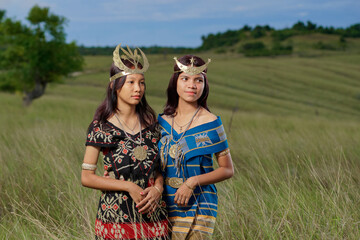 beautiful womens wearing local clothes from the Sumba and rote island. traditional clothing of...