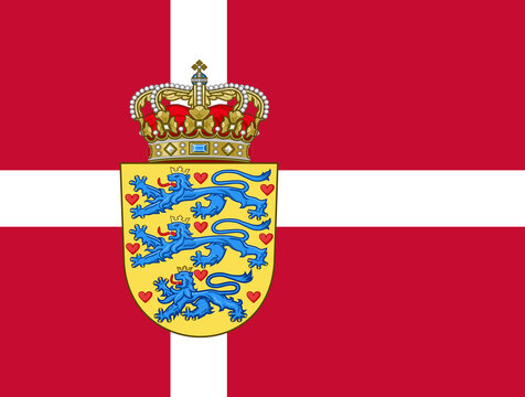 The official current flag and coat of arms of Denmark. State flag of Denmark. Illustration.