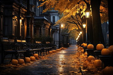 Halloween pumpkin decorations in the rainy street with yellow tree alley 