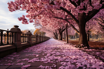 Pink sakura blooming trees alley in spring park