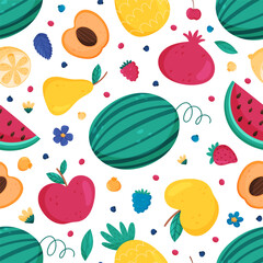 Fruit and Leaves Seamless Pattern Design with Sweet Plant Vector Template