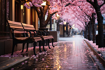 Pink sakura blooming trees alley in spring park - obrazy, fototapety, plakaty