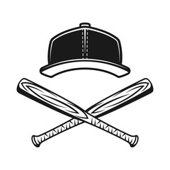 Baseball cap and two crossed wooden bats vector monochrome style illustration on graphic objects isolated on white background