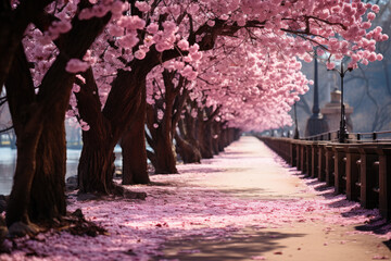 Pink sakura blooming trees alley 