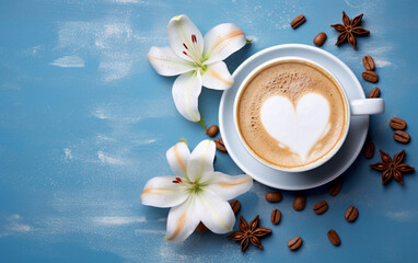Obraz na płótnie Canvas Cup of cappuccino coffee, lily flower, heart and inscription Good morning on blue wooden background. Concept - morning of newlyw (103)