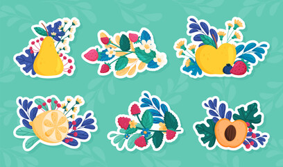Fruit and Leaves with Twigs as Sweet Plant Vector Sticker Set