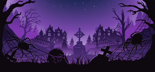 Halloween background with cross, grave, tombstone, cemetery and haunted house for holiday poster. Creepy, mystical background for dark fear design