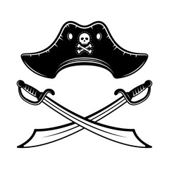 Pirate hat and two crossed sabers vector monochrome style illustration on graphic objects isolated on white background