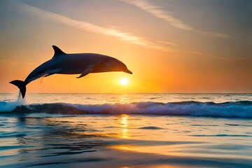 a playful group of dolphins leaping out of the sparkling ocean waters against a backdrop of a...