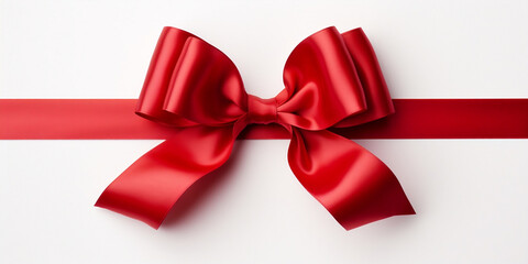 Shimmering Elegance: Red Ribbon and Bow with a Touch of Gold against a Pure White Background