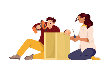 Furniture Assembly with Man and Woman Assembling and Fixing Wooden Item Sitting on Floor Vector Illustration