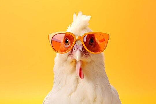 Chick with Attitude: A Creative Animal Concept Featuring a Hen Sporting Sunglasses Against a Solid Pastel Background. A Surreal and Playful Image Ideal for Commercial, Editorial, and Advertisement Use