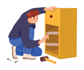 Furniture Assembly with Man Assembling and Fixing Wooden Cupboard Vector Illustration