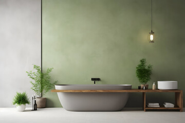 Simplicity Meets Elegance A Modern Minimalist Bathroom Interior with a Green Bathroom Cabinet, White Sink, Wooden Vanity, Interior Plants, Bathroom Accessories, White Bathtub, Concrete Wall, and Terra