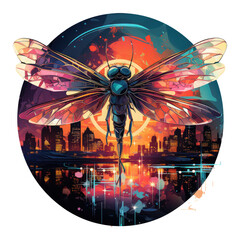 A dragonfly t-shirt design set in a futuristic, neon-lit city at night, with the dragonfly appearing as a futuristic creature navigating the urban landscape, Generative Ai