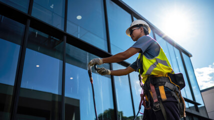 Worker washing windows in the office building