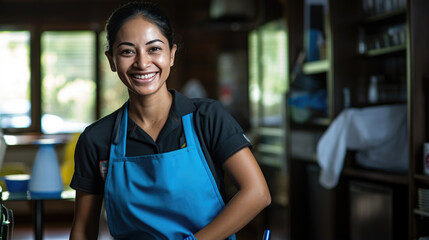 Fototapeta premium Portrait of a female cleaner against the background of a house or hotel