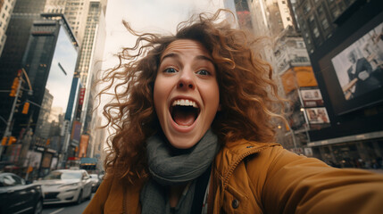 Happy young woman walking  on the street in New York city. Portrait of american young woman with...
