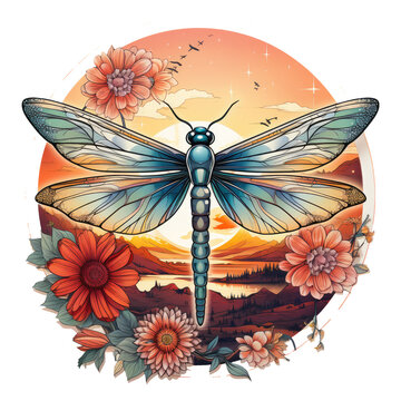 A dragonfly t-shirt design inspired by the dragonfly's graceful flight, portraying it soaring above a field of wildflowers at golden hour, Generative Ai