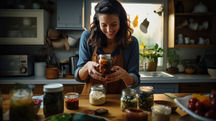 Woman making jars of preserved vegetables in her kitchen