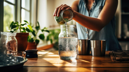 Woman making jars of preserved vegetables in her kitchen