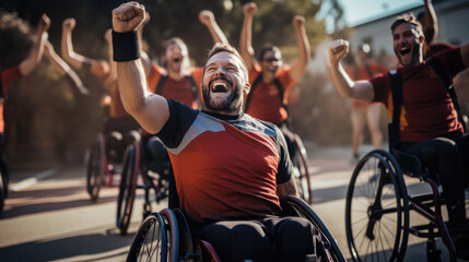 Group of Man in a wheelchairs plays sports